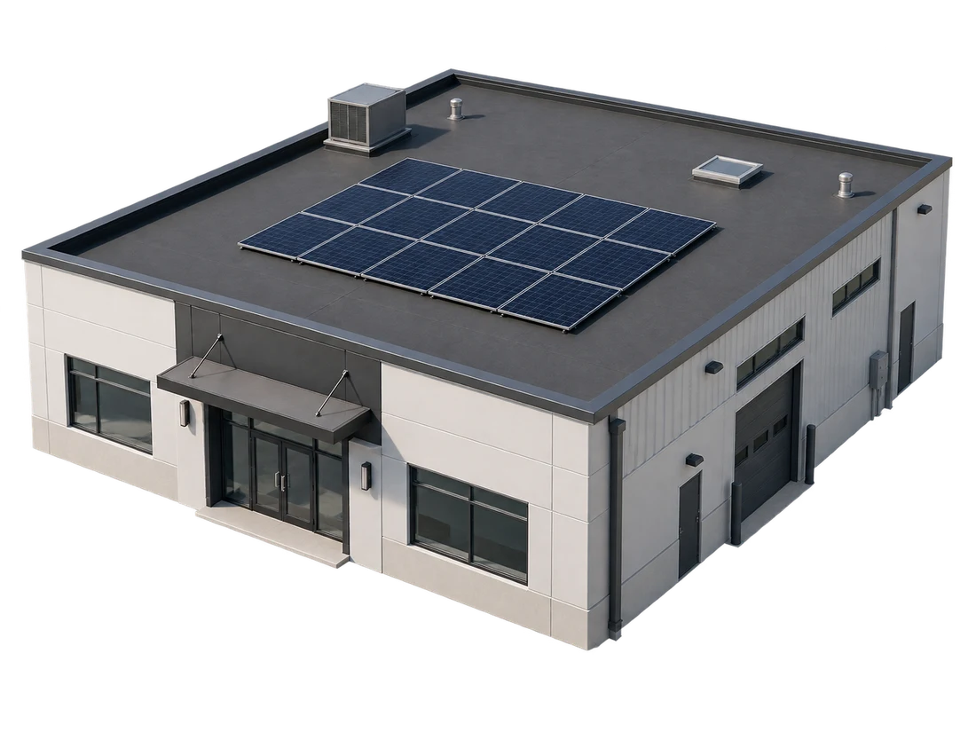 Architectural concept of a commercial building with an orderly rooftop solar array