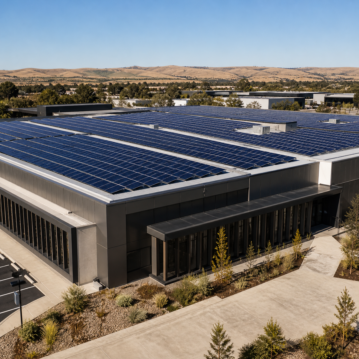 Modern commercial building with a large rooftop solar array