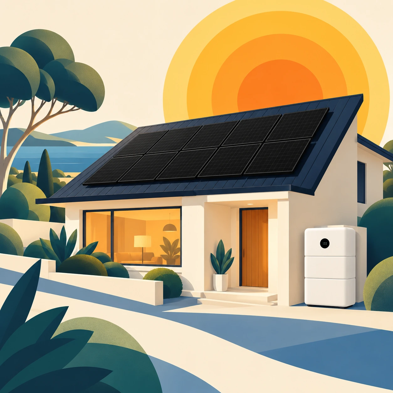 Illustration of a home with black monocrystalline solar panels and battery storage beneath a layered golden sun