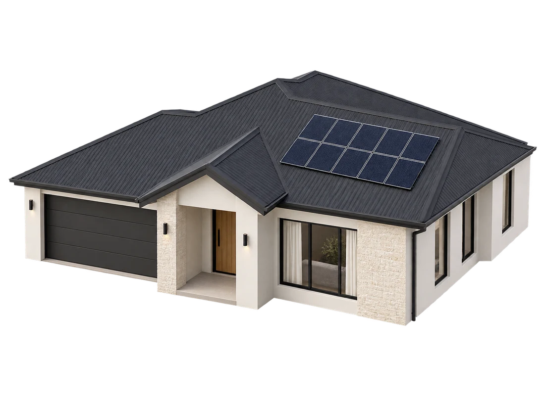 Architectural concept of a contemporary home with neatly aligned rooftop solar panels